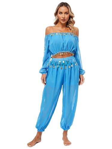 easyforever Women's Belly Dance Costume Split Puff Sleeve Crop Top Harem Pants Dance Outfits Light Blue One Size