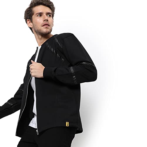 Image of Campus Sutra Men's Black Solid Regular Fit Cotton Jacket For Winter Wear | Round Neck Collar | Full Sleeve | Zipper | Casual Jacket For Man | Western Stylish Jacket For Men