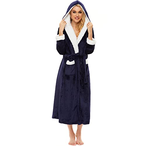 ccko Batas de felpa para mujer, bata de forro polar mullida para mujer, bata de baño suave y cálida para mujer con capucha para baño, spa, ducha, casa, Sombrero-azul marino, XL