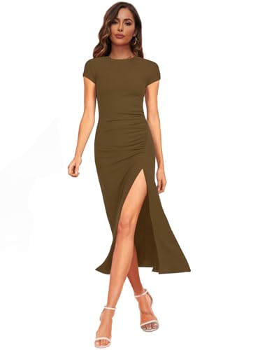 Image of NOVANDO Casual Short Sleeve Ruched Cotton Bodycon Midi Dress for Women 2024 Summer Crew Neck Party Club T Shirt Dress