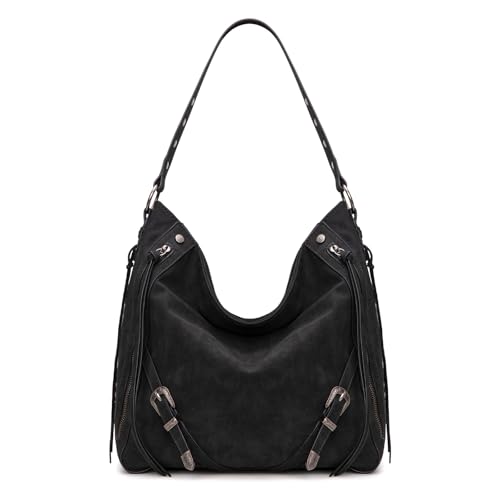 Wrangler Black Hobo Purses for Women Large Handbags Buckle Fringe Zipper Faux Suede Leather Shoulder Bag WG245-918BK