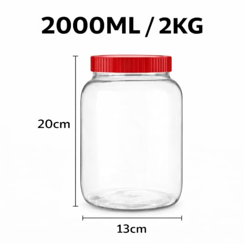 Image of 2000ml Glass Storage Jar Pack of 2 with Red Screw Lid | Airtight Round Glass Container for Kitchen Storage | Food Grade Pantry Jar for Rice, Dal, Flour, Sugar, Dry Fruits & Grocery