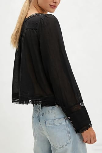 Image of Women Summer Sheer Tie Front Top Y2k Peplum Chiffon Blouse Eyelet Long Sleeve Flowy Lace Beach Cover Up Boho Tops