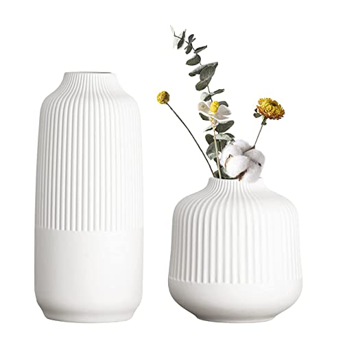 Kingbar Vase Keramik Mit Rillen,Vase Für Pampasgras, Grosse vase hoch mit Rillen Weiß Blumenvase Modern Vasen Deko für Trockenblumen, Büro und Esstisch Cover