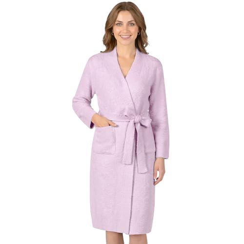 Image of PAVILIA Premium Plush Robe for Women, Soft Cozy Fuzzy Bathrobe with Pockets, Warm Mid-Length Lounge Robe with Tie Belt