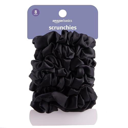 Amazon Basics Satin Scrunchies Black Hair Ties, Pack of 8