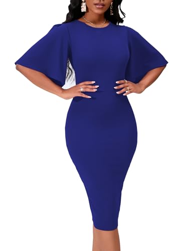 Image of Bdwinz Women's Basic Bodycon Ruffle Flared Short Sleeve Pencil Midi Dress