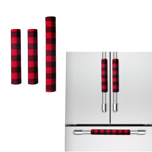 BASKANIA 3X Checkered Cloth Refrigerator Door Handle Covers Protective Electrical Kitchen Appliances Gloves Fridge Microwave Dishwasher Door Cloth Protector (Red)