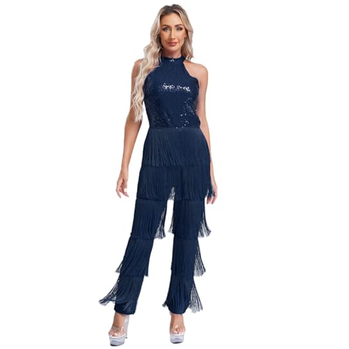 Jugaoge Damen Latein Body Neckholder Jumpsuit Overall Pailletten Top und Lange Hose mit Fransen Einteiler Tanzbekleidung Cha Cha Samba Salsa Kleid...