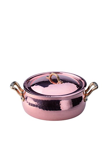 Pentole Agnelli ALCM108MC24 Casseruola Bassa Bombata, in Rame Martellato Stagnato a mano, con 2 maniglie in ottone e coperchio, 24 cm