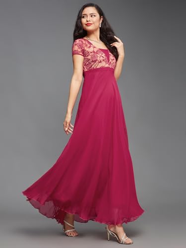 Image of Miss Chase Women's V-Neck Full Sleeve Self Design Lace-Overlaid Georgette Maxi Dress