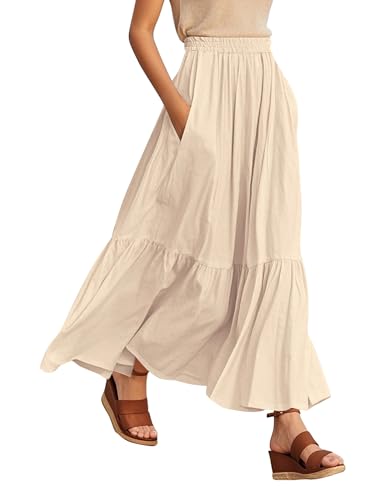 Urban CoCo Women's Boho Flowy Maxi Skirt Elastic Waisted A-Line Summer Beach Skirts with Pockets(Beige,M)