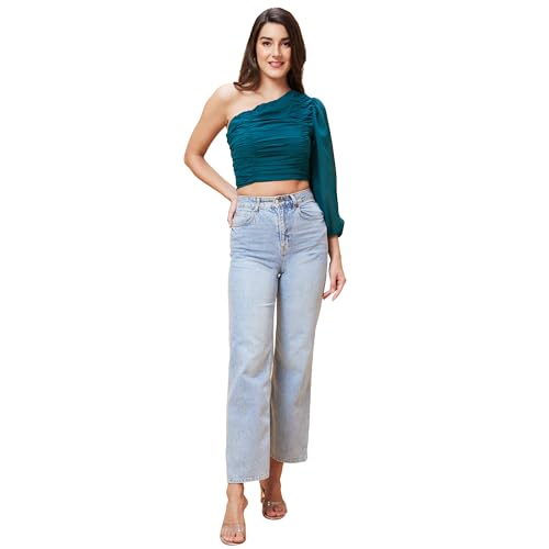 Image of Globus Women Green Solid One Shoulder Pleated Party Crop Top-3638515002
