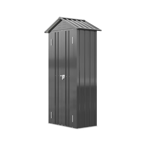 Warmiehomy Metal Garden Shed with Double-layer Partitions, Outdoor Storage Shed with Sloping Roof, Lockable Small Sheds for Gardening Tools & Equipment Storage, 85x58x178 cm, Grey