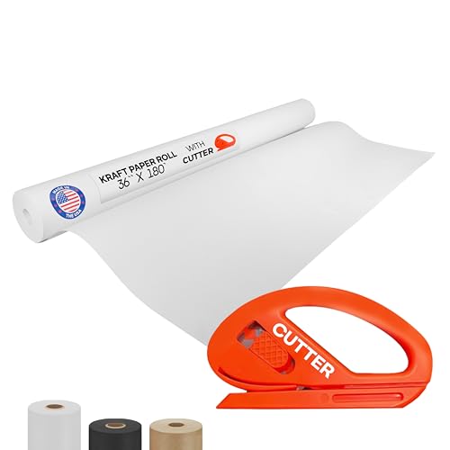 Image of White Kraft Paper Roll 36 inch x 2160 inch (180 feet) with Cutter - USA-Made | Quality Paper 50lb Thickness for Wrapping, Packing, Moving, Shipping, & Crafts /Arts - Natural Kraft Material by IDL Packaging