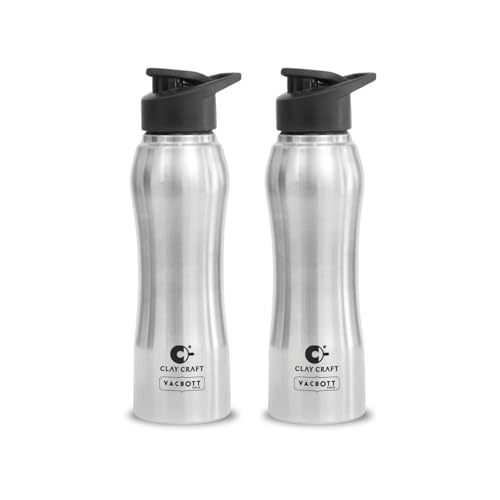 Image of Clay Craft VACBOTT Neo Single Walled Non Insulated Water Bottle-1000ML, 2-Piece(Silver) Leak Proof | Easy Grip |Easy To Carry| Gym Bottle | Home | Kitchen | Hiking | Treking Bottle | Travel Bottle