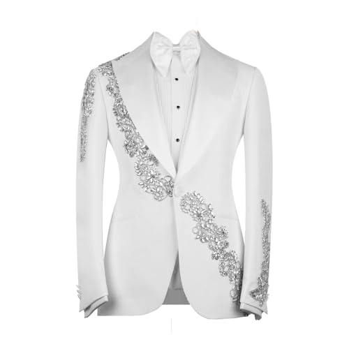 Men's Beads Suit Slim Fit White Luxury Sequins Floral Tuxedo Blazer Jacket for Wedding Party Prom Peaked Lapel