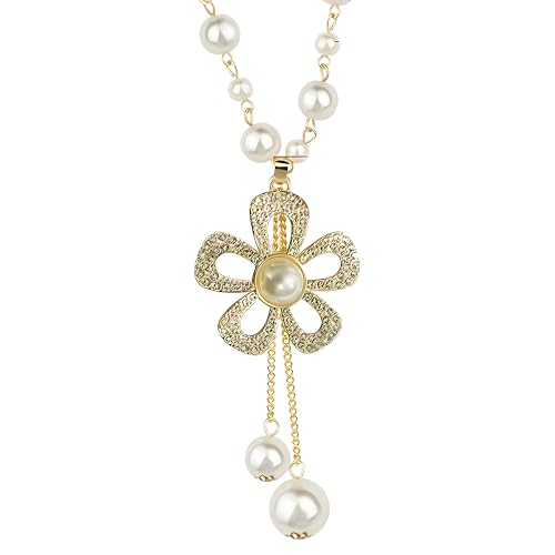 Unified Jewellery Elegante collar largo con colgante de flor en tono dorado con cadena de perlas sintéticas y detalles de perlas colgantes, collar floral para mujer 693