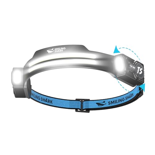 Smiling Shark Lampe Frontale, Lampes Frontales LED Rechargeable Ultra Puissante avec 2 Faisceau Large & Spot Réglable Détecteur de Mouvement 2400 mAh 5 Modes pour Randonnée Pêche Camping Cyclisme