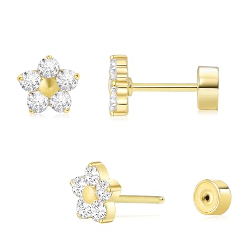 Threadless Flat Back Earrings, Hypoallergenic 14K Real Gold Plated CZ Butterfly, Flower, Crawler Stud Earrings | Cartilage Earring | Tragus Helix Piercing Jewelry | Push in Flatback Earrings for Women Men