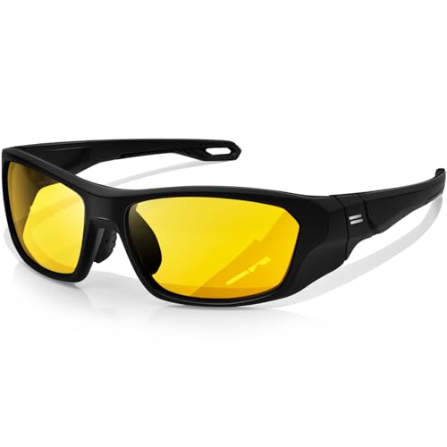 KANASTAL Occhiali Guida Notturna Gialle Ciclismo Uomo Donna Rettangolari Notte Sportivi Avvolgenti Visione Notturni Bici Moto Yellow Night Driving Glasses -Neri Gialli