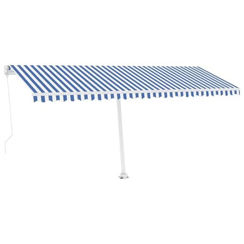 HOMELEN Standmarkise Manuell Einziehbar 500x300 cm Blau/Weiß, Markise Balkon Ohne Bohren, mit Handkurbel Alu-Markise UV-Beständig Höhenverstellbar & Wasserabweisend | Sonnenschutz Für Laden