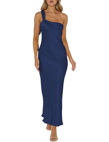 Image of 2026 Satin One Shoulder Maxi Dress for Women Summer Silk Formal Elegant Backless Ruffle Sleeveless Wedding Guest Dresses