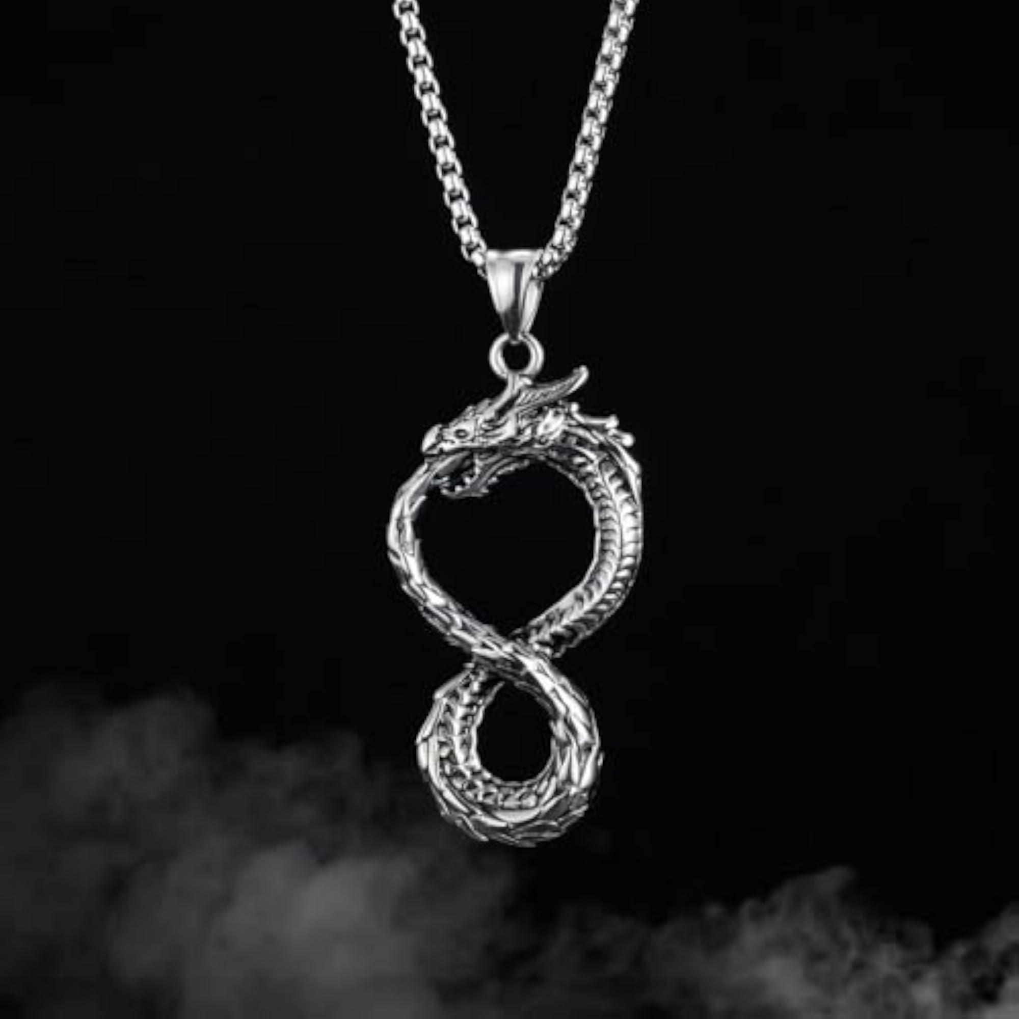 Men's Stainless Steel Silver Open Mouth Dragon Pendant Necklace