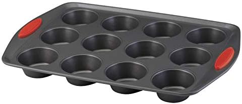 Rachael Ray Yum-o! Nonstick Bakeware 12-Cup Muffin & Cupcake Tin With Grips - Gray with Red Grips - Thumbnail 4