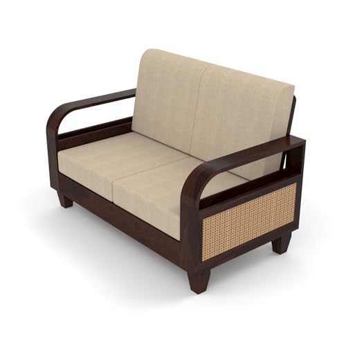 Image of Sheesham Wooden 7 Seater Sofa for Living Room | Solid Wood Sofa with Rattan Cane Side Rack | Rosewood Sofa Set for Home & Office | Lounge (Walnut, 3+2+2 Seater)
