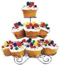 3 tier cupcake dessert stand with cake on top