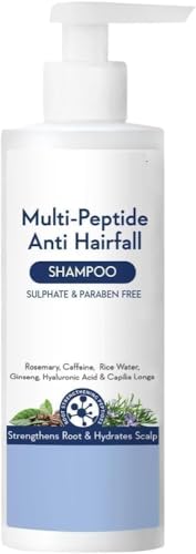 DX Multi Peptide - Champú anticaída - Champú sin parabenos ni sulfatos para mujeres y hombres con agua de arroz, romero, ácido hialurónico y cafeína para el control de la caída del cabello, 250 ml