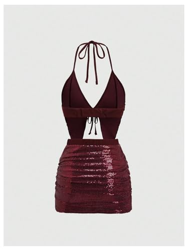 SHENHE Women's Y2k 2 Piece Sexy Outfits Backless Halter Crop Top and Ruched Bodycon Mini Skirt Set2