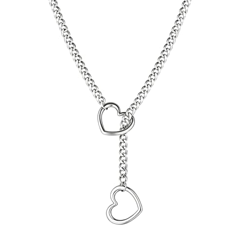 Sylalxeba Collier ras du cou cœur coulissant pour femme homme – chaîne cubaine O-Ring punk gothique réglable, ras du cou en acier inoxydable 65 cm, argent