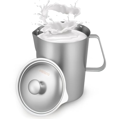 Milchkännchen 2L Edelstahl Messbecher mit Deckel Markierung Praktisch Milk Pitcher Milchkanne Edelstahl für Latte Art Milchkaffee Cappuccino Saft Smoothie
