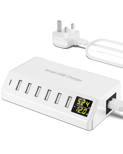 USB Charger 60W 7-Port USB Desktop Charger with LED Screen Multi-Device Charging Station with Real-Time Power Monitoring for Phone Fast Charging Hub for Home Office Travel