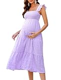 KOJOOIN Womens Maternity Dress Summer Sleeveless Smocked Square Neck Ruffle Casual Boho Midi Dress Baby Shower Photoshoot Purple L