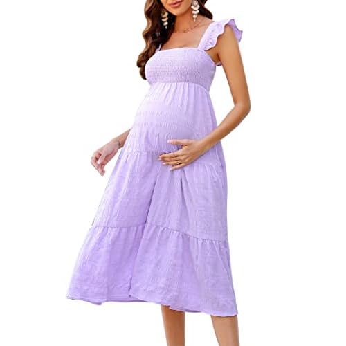 KOJOOIN Womens Maternity Dress Summer Sleeveless Smocked Square Neck Ruffle Casual Boho Midi Dress Baby Shower Photoshoot, Large, Purple