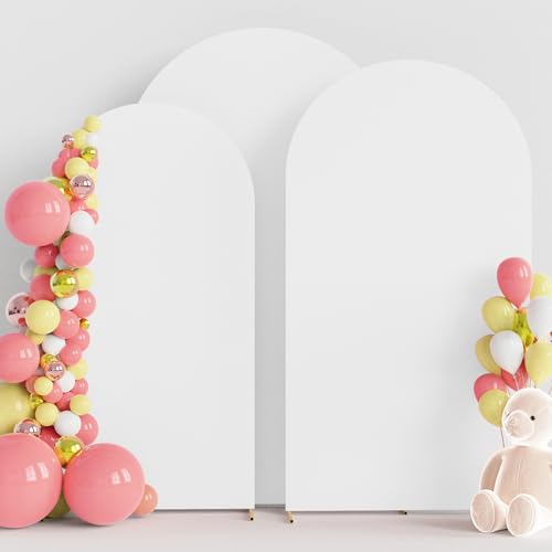 Image of Wokceer Wedding Arch Cover (7.2FT, 6.6FT, 6FT) Set of 3 Spandex Fitted Wedding Arch Stand Covers for Round Top Chiara Arch Backdrop Stands Cover for Birthday Party Ceremony Banquet Decor White