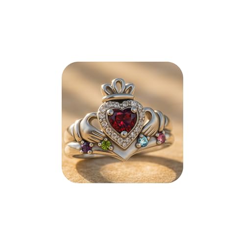 Personalized Heart Shaped Moissanite Halo Ring, 5 Birthstones 925 Sterling Silver Plated Simulated Diamond Ring with Royal Band Setting for Mom Engagement Wedding Birthday Mother's Day Gift