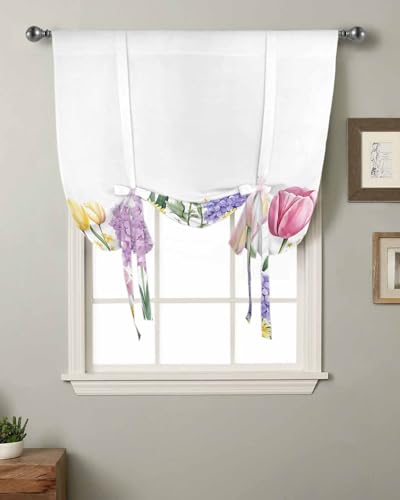 Spring Floral Tie Up Curtains for Windows 54 Inch Length Balloon Curtains Kitchen Adjustable Balloon Window Shade Summer Botanical Pink Wildflower Tie Up Valance Bathroom Curtain Window 42