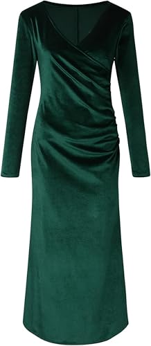 موتيم فستان نسائي ملفوف بقبة V واكمام طويلة من المخمل، فستان ضيق مكشكش لحفلات الكوكتيل والسهرة، تنورة طويلة للسيدات (الامارات العربية المتحدة/السعودية، الفا، XL، عادي، عادي، اخضر)