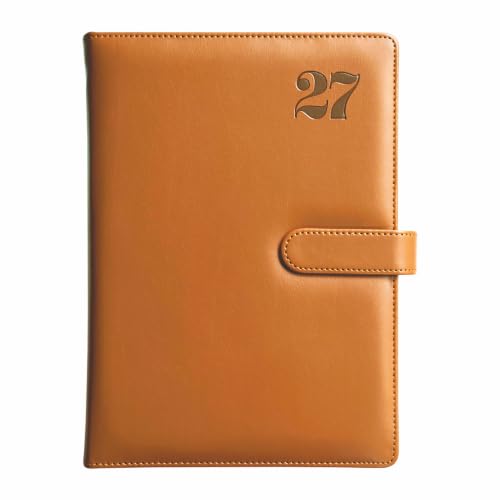 Image of Anupam Nova 2027 Diary with Dates A4 30x21cm, 365 Days, Daily Planner with Monthly Calendar, January to December New Year Diary 2026, PU Material Cover, Magnetic Closure and Pen Holder 80GSM - Tan