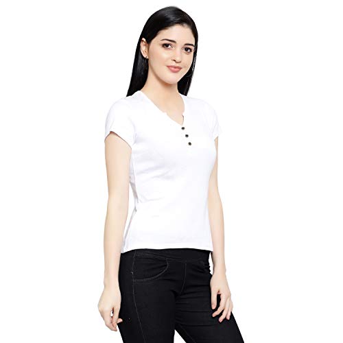 Image of Women Solid Slim Fit Henley V-Neck Button Front Short Sleeve Casual Cotton Top