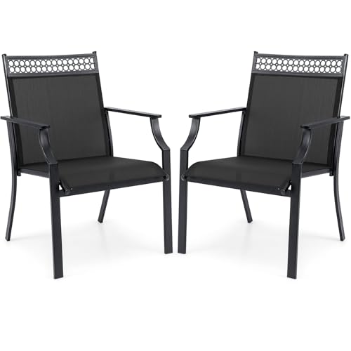 Image of Giantex Patio Chairs Set of 2, Outdoor Chairs with All Weather Fabric, High Backrest, Armrests, Heavy Duty Metal Armchair, Outside Dining Chairs for Porch Lawn Garden Yard Pool, Black