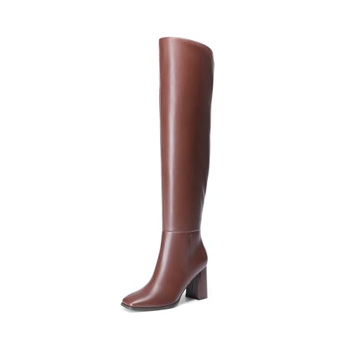 DREAM PAIRS Women's Tall Over the Knee Boots Thigh High Fall Block Chunky Heeled Knee High Long Boots with Fashion Square Toe and Side Zipper,Size 8.5,Brown,DWUMOB2515