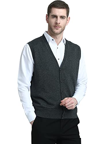Kallspin Men's Vest Sweater Cashmere Wool Blend V Neck Sleeveless Button Cardigan Sweater(Charcoal.medium) #TOP2