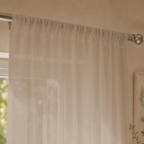 Image of LINENWALAS Aesthetic Sheer Curtains 9 Feet Long Set of 2, Poly Linen Shrink & Fade Proof Drapes for Long Door, Semi Transparent Modern Panels with Rod Pocket Hanging for Living Room (Brown /9 Feet)