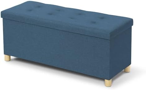 Banc Coffre Rangement IDMarket 100 Cm - Tissu Lin Bleu Canard Capitonné - Pieds Bois