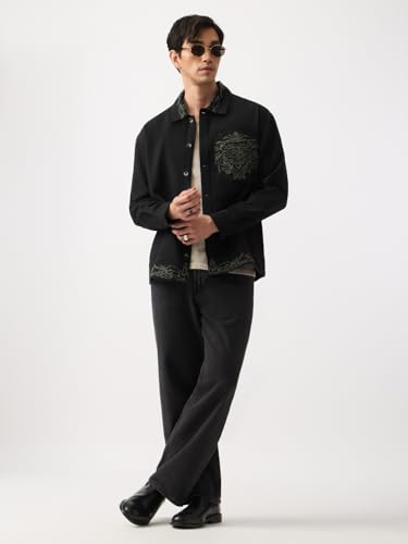 Image of The Souled Store Flow Men and Boys Long Sleeves Spread Collar Black Embroidered Cotton Oversized Fit Casual Lightweight Drop Shoulder Streetwear Trendy Breathable Shackets